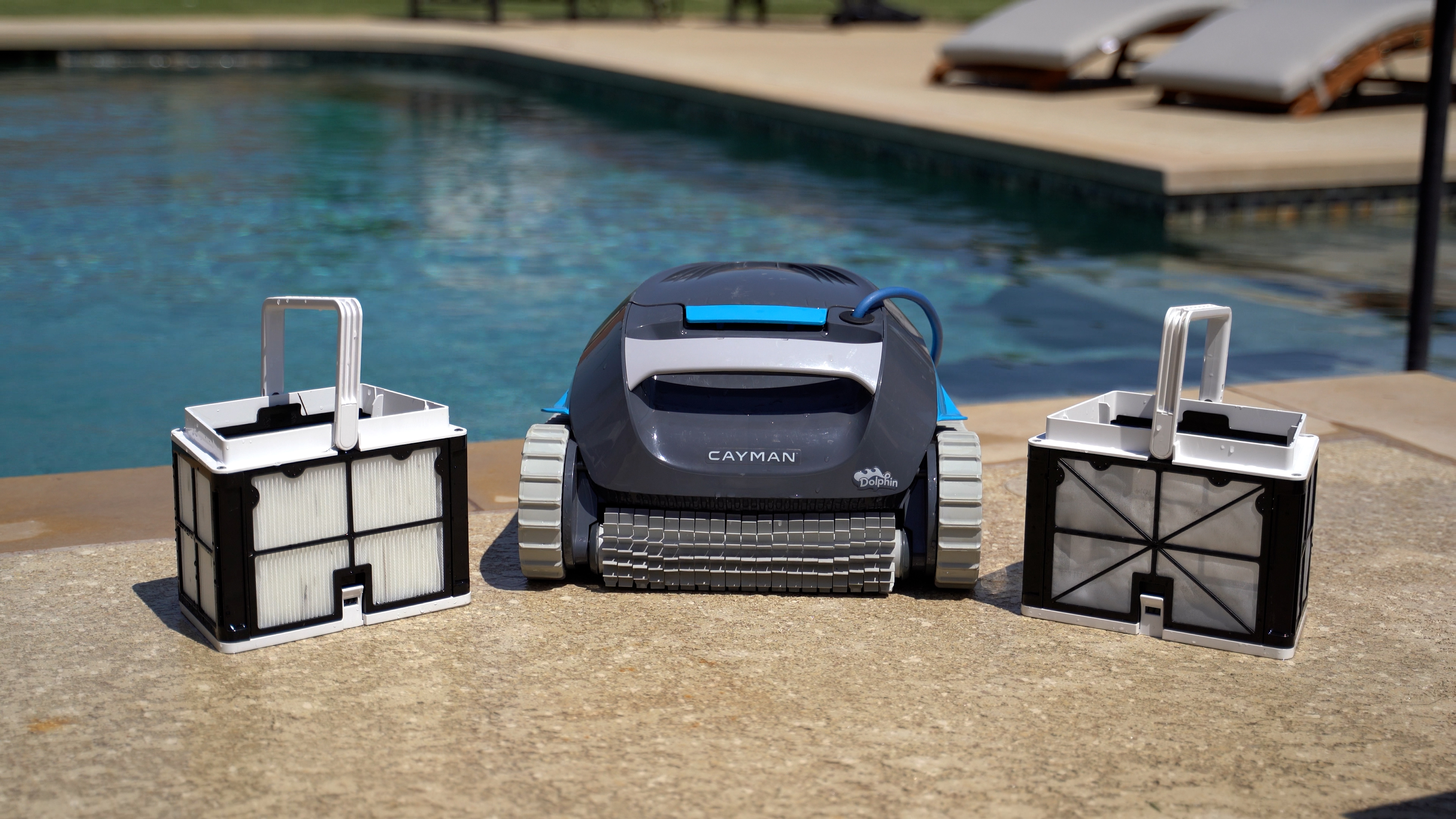 Dolphin Cayman Robot Filter Baskets Poolside Sunny Day