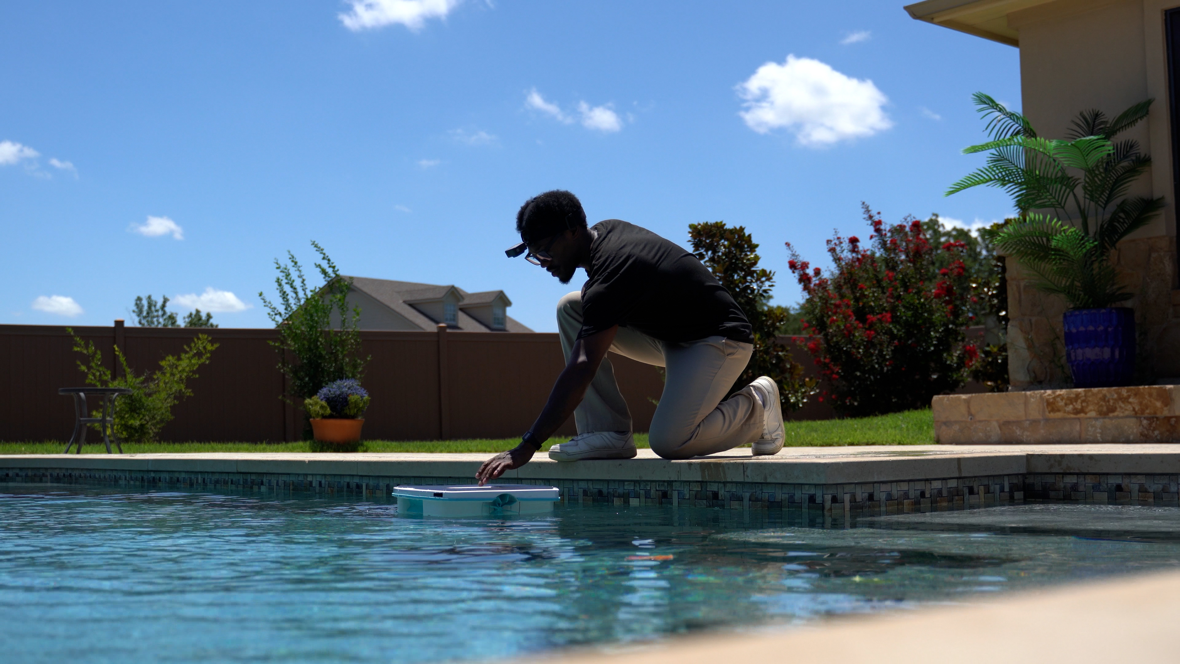 Dolphin Skimmi Man Placing Robot Pool Water Surface